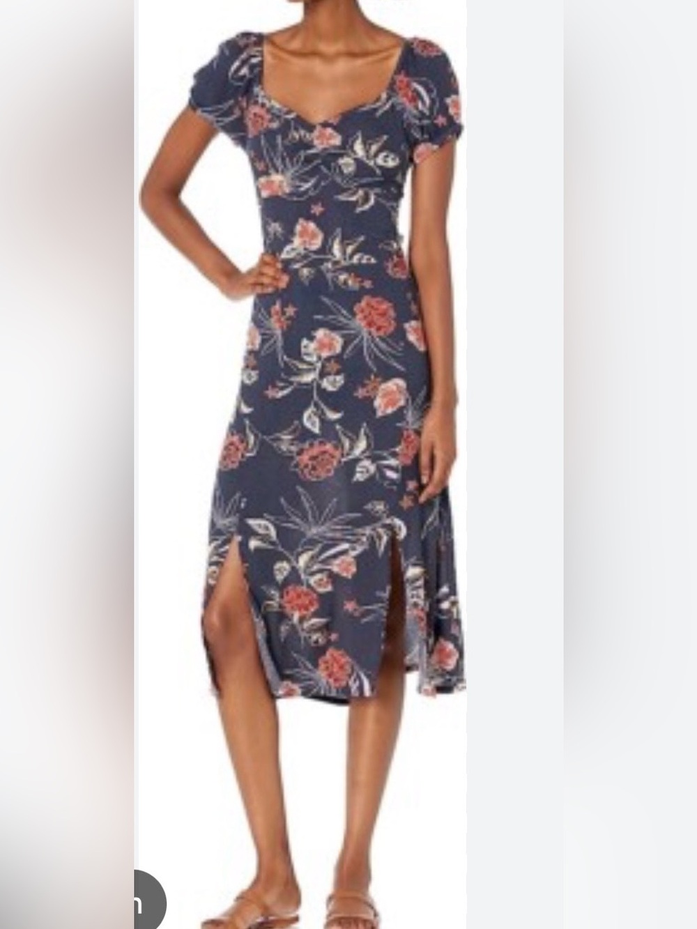 Roxy Navy Floral Midi Dress with Coral Accents
